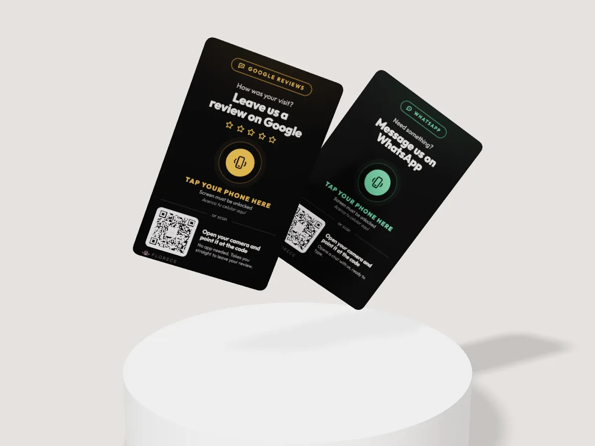 Two Florece Digital cards, Google and WhatsApp, floating over a pedestal