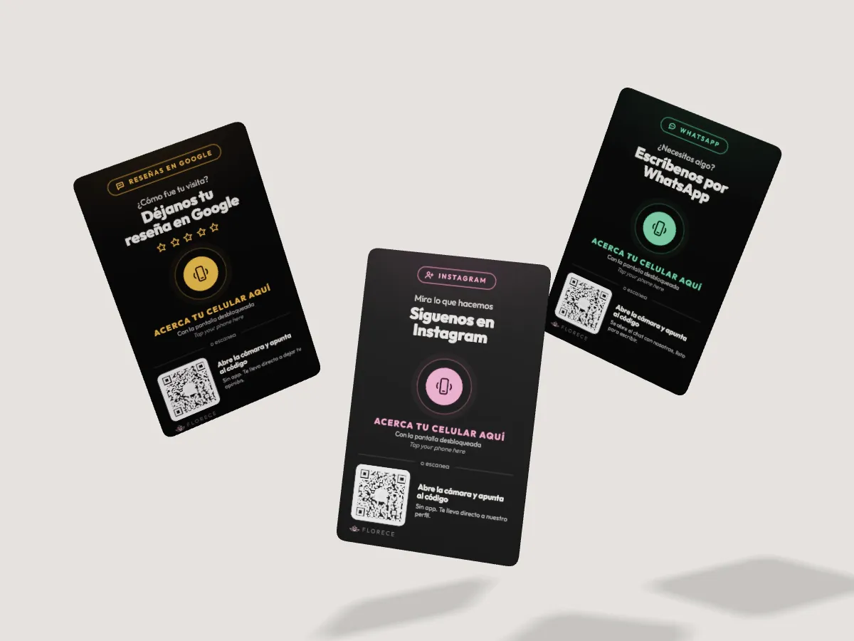 Tres tarjetas de Florece Digital, Google, Instagram y WhatsApp, flotando
