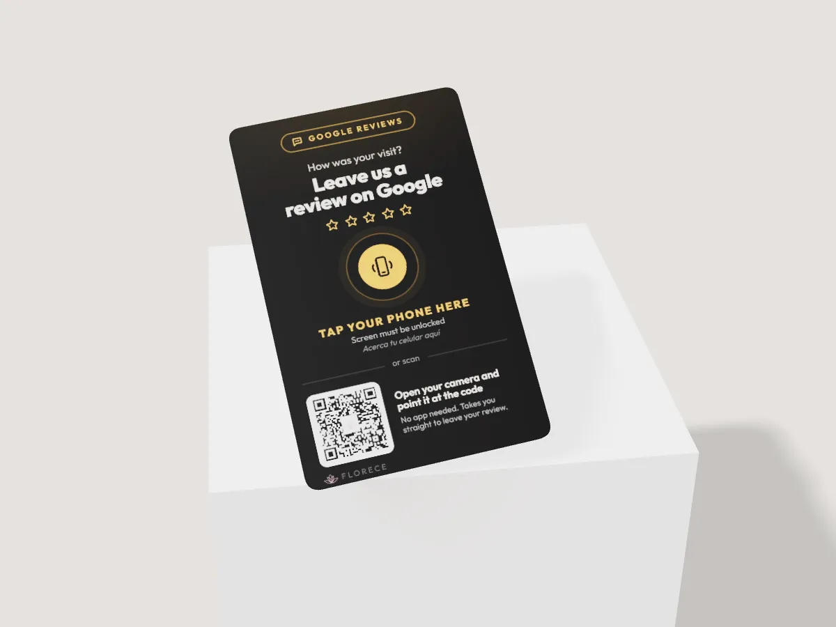 Florece Digital Google review card on a white cube
